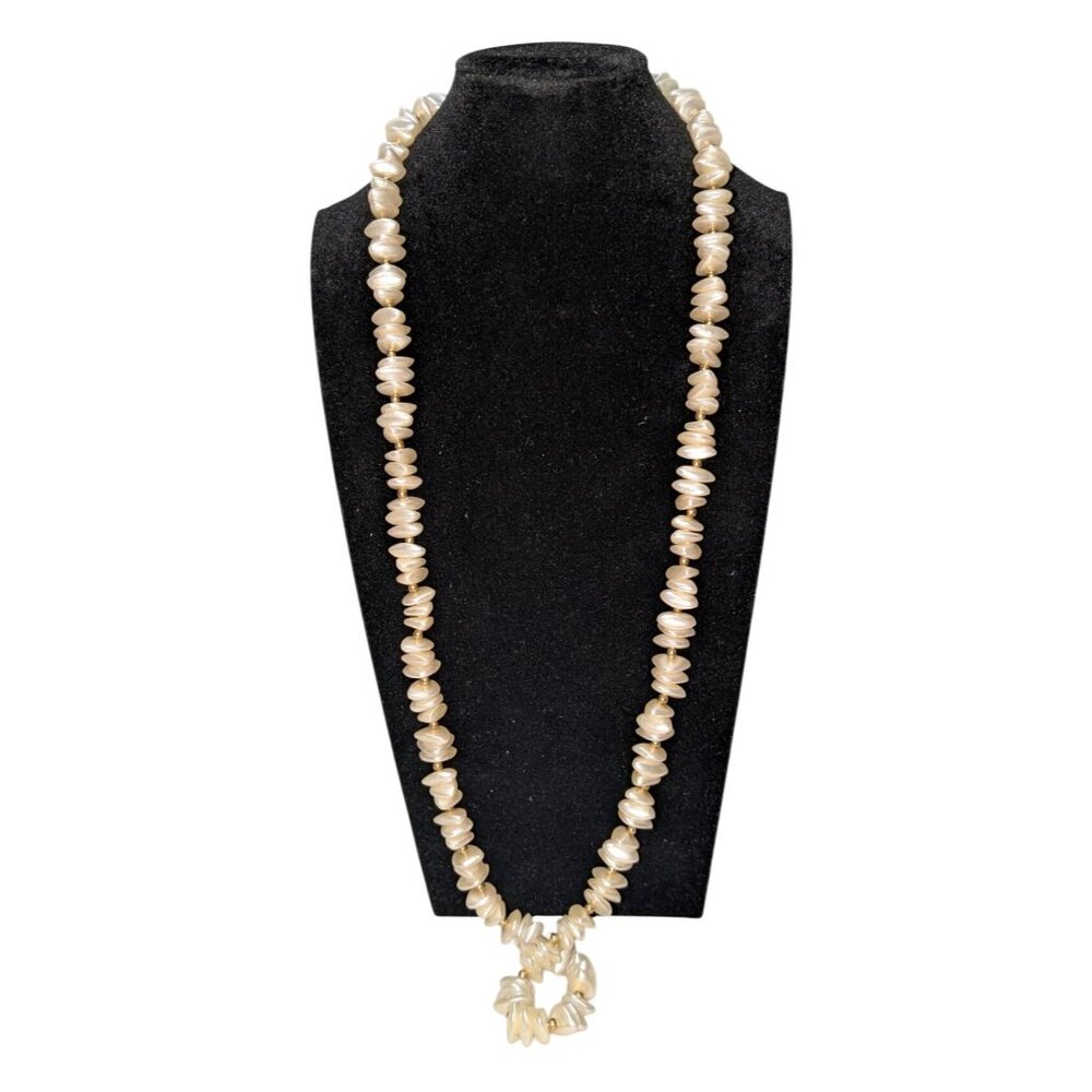 Vintage Victorian Long Cream Shell Bead Necklace Barrel Screw Clasp